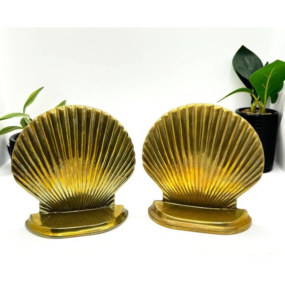 Vintage Brass Shell Bookends Pair Nautical Coastal Decor - Picture 6 of 7